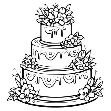 This artistic illustration features a beautifully designed three-tiered cake adorned with flowers and dripping icing, perfect for celebrations.