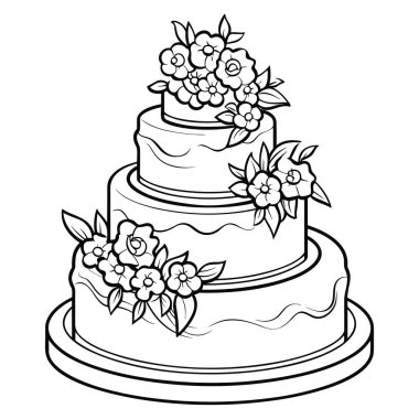A beautifully detailed black and white outline design of a three-tier wedding cake adorned with flowers, perfect for coloring or illustration projects.