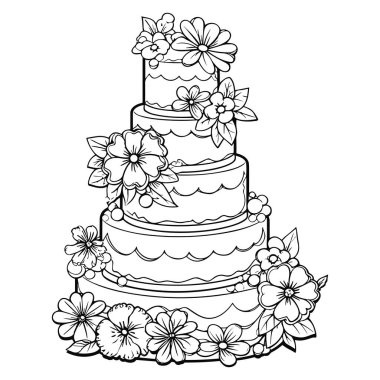 Beautiful black and white illustration of a four-tier wedding cake adorned with stunning flowers, perfect for coloring enthusiasts and craft lovers.