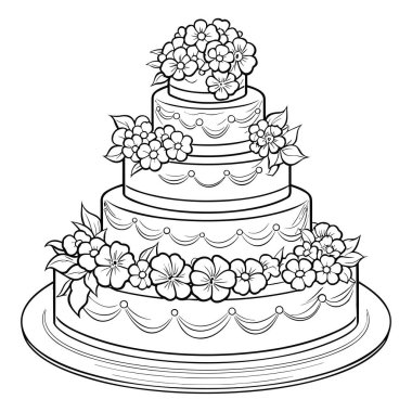 This detailed black and white illustration showcases an elegant three-tier cake adorned with beautiful flowers, perfect for weddings and celebrations.