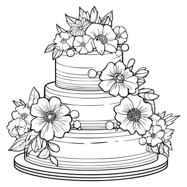 This detailed line art features a three-tiered wedding cake adorned with beautiful flowers and decorative elements, perfect for invitations and designs.