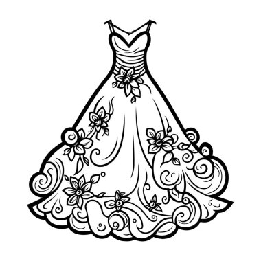 This illustration showcases an elegant wedding dress adorned with intricate floral designs and decorative patterns, emphasizing beauty and romance.