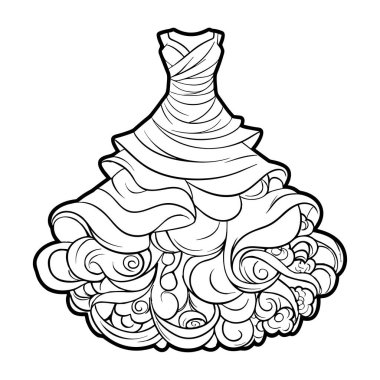 A beautifully detailed sketch of an elegant wedding dress featuring flowing fabric and intricate floral elements, ideal for design projects and inspiration.