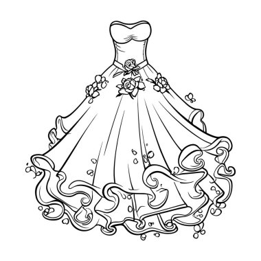 This stunning line art illustration features a strapless wedding dress adorned with floral details, perfect for bridal designs and inspiration.