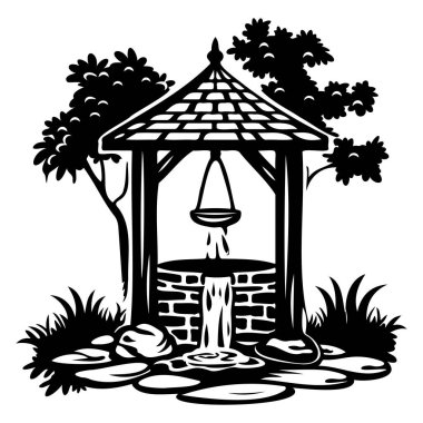 A charming black and white illustration of a serene well surrounded by trees and rocks, showcasing gentle water flow and a peaceful garden setting.