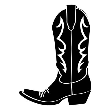 This striking black silhouette of a cowboy boot features intricate stitched designs, perfect for conveying western culture and style themes.