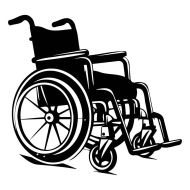 This black and white illustration depicts a classic wheelchair design, symbolizing accessibility and support for individuals with mobility challenges.