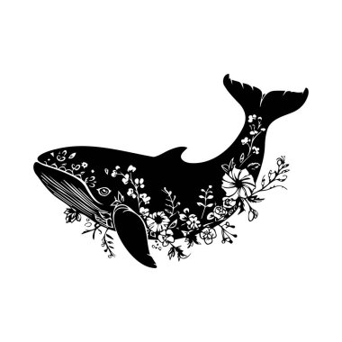 This artistic illustration features a beautiful whale silhouette adorned with intricate floral elements, capturing the essence of marine life and nature's harmony.