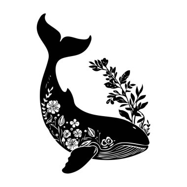 An artistic black and white illustration of a whale adorned with floral and leafy designs, representing the beauty of ocean life and nature.