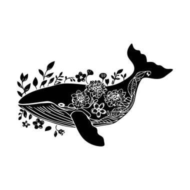 This artistic black and white illustration features a whale adorned with floral elements, creating a unique perspective on marine beauty. Perfect for nature-themed projects.