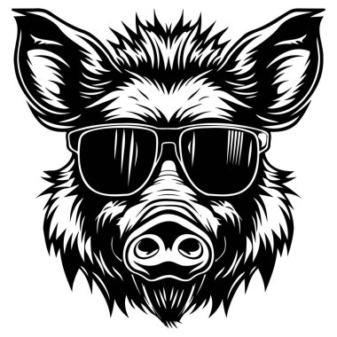 This bold illustration features a wild boar sporting stylish sunglasses in a striking black and white design. Perfect for creative projects!