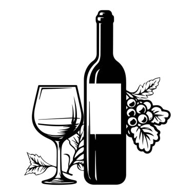 This elegant illustration features a wine bottle and glass accompanied by grapes and leaves, perfect for advertisements or promotional materials related to beverages.