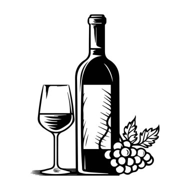 This artistic illustration features a wine bottle, a glass of wine, and fresh grapes, capturing the essence of sophistication and enjoyment.