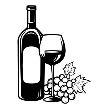 A stylish black and white illustration featuring a wine bottle, a glass of wine, and grapes, perfect for elegant design projects and decorations.
