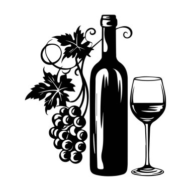 This elegant black and white illustration showcases a wine bottle, glass, and grapes, perfect for wine lovers and culinary enthusiasts.