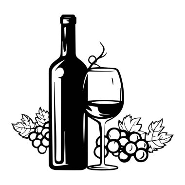 This elegant black and white illustration showcases a wine bottle and glass with fresh grapes and leaves, perfect for wine lovers and events.