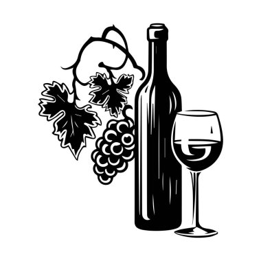 This elegant illustration features a wine bottle, a glass, and vibrant grapes, capturing the essence of fine wine culture and dining enjoyment.