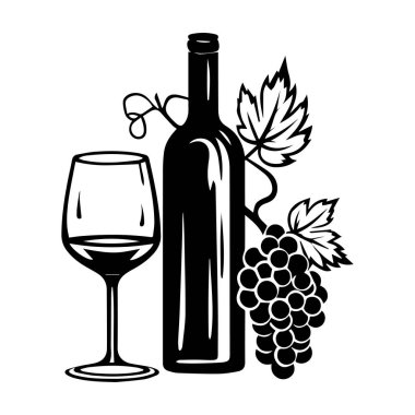 This striking monochrome illustration features a wine bottle, glass, and clusters of grapes, ideal for decor or branding in the culinary world.