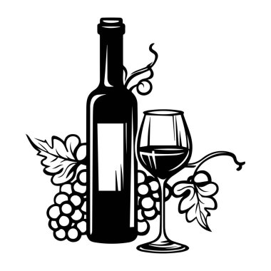 This minimalist black and white illustration showcases a wine bottle, a glass, and grape clusters, perfect for beverage-themed designs.
