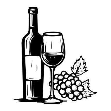 This illustration features a wine bottle, a glass filled with rich red or white wine, fresh grapes, and green leaves, perfect for vineyard themes.