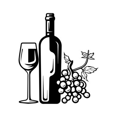 This elegant illustration features a wine bottle, glass, and fresh grapes, perfect for projects related to beverage, dining, and relaxation themes.