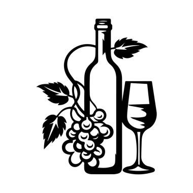 This elegant black and white illustration features a vintage wine bottle and glass accompanied by a bunch of grapes, perfect for beverage designs.
