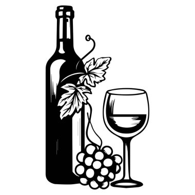 A stylish black and white illustration of a wine bottle, glass, and grapes, perfect for conveying sophistication and elegance in culinary art.