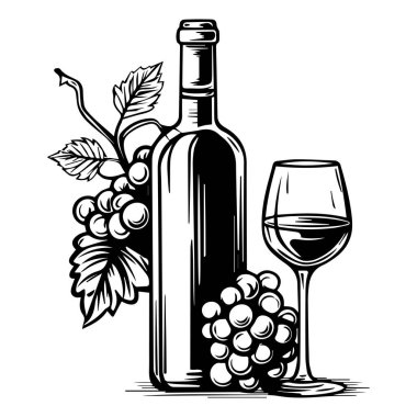 This elegant black and white illustration showcases a wine bottle, glass, and bunches of grapes, ideal for vintage-themed projects or wine promotions.
