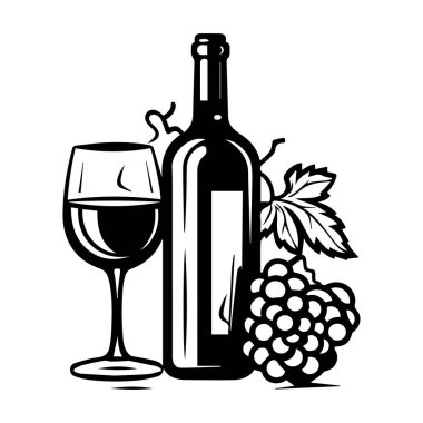 An elegant illustration showcasing a wine bottle, a glass filled with wine, and a cluster of grapes with vine leaves, ideal for wine enthusiasts.