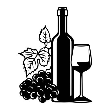 This elegant black and white illustration features a wine bottle, glass, and grapes, representing vineyard charm and culinary culture. Perfect for wine lovers.