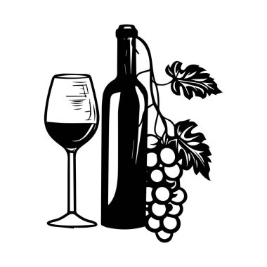 An exquisite illustration featuring a wine bottle, a glass, and a cluster of grapes, ideal for culinary and beverage themed projects.