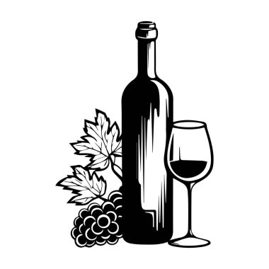This artistic black and white illustration features a wine bottle, a glass, and grapes, capturing the sophistication and enjoyment of fine wines.