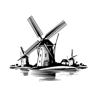 This black and white illustration features traditional windmills standing majestically by calm waters, creating a serene and captivating scene.