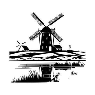 This artwork features a detailed black and white windmill scene reflecting in calm water, surrounded by lush grass and rural buildings.