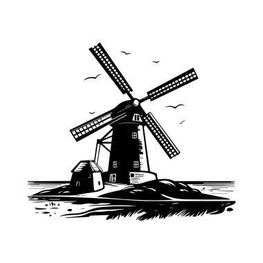 A striking black and white illustration of a vintage windmill against a serene horizon, featuring birds in flight, perfect for artistic inspiration.