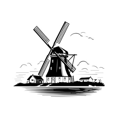 A classic windmill stands tall amidst a serene farm landscape, featuring clouds in a vintage black-and-white illustration style, evoking nostalgia.