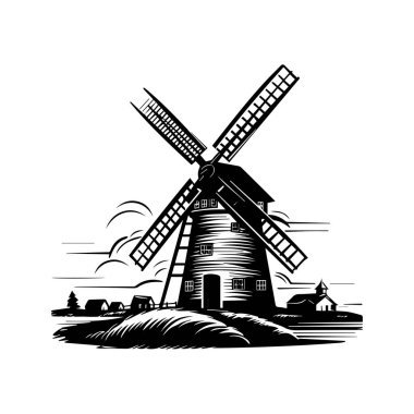 This vintage black and white illustration features a charming windmill set in a rustic landscape, evoking a serene countryside atmosphere.