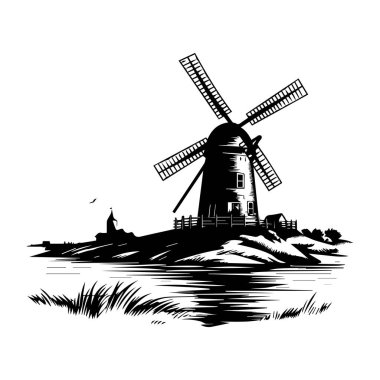 This black and white illustration features a classic windmill set against a tranquil landscape, reflecting beautifully on still water.