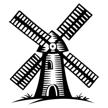 This black and white illustration features a traditional windmill with striking blades. It serves as a representation of rural life and energy.