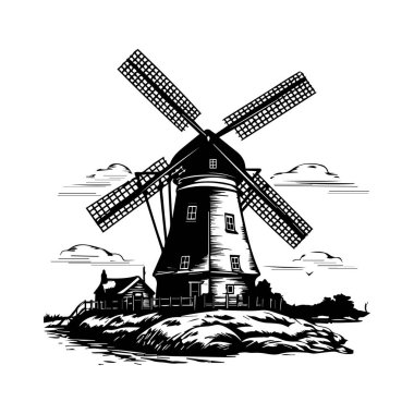 This black and white illustration features a traditional windmill on an island, surrounded by soft clouds and tranquil water, perfect for rural themes.