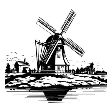 This black and white illustration captures a traditional windmill beside a tranquil body of water, showcasing rural beauty and timeless charm.
