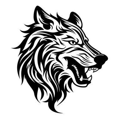 This striking monochrome illustration features a wolf head adorned with intricate tribal patterns and bold lines, symbolizing strength and wild spirit.