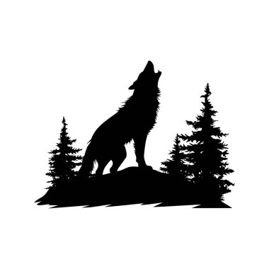 This captivating silhouette features a wolf howling atop a hill, surrounded by towering pine trees. Perfect for themes of wildlife and wilderness.