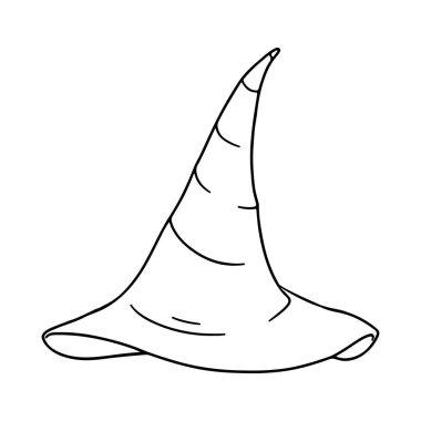 A simple black and white outline of a witch hat perfect for Halloween or costume events. Ideal for use in graphics, crafts, and more.