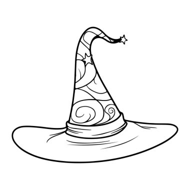 This black and white line art illustration features a magical witch hat adorned with swirling designs and stars, perfect for Halloween themes.