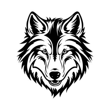 An eye-catching black and white illustration of a wolf head, showcasing detailed features and striking expression, perfect for art projects or tattoos.