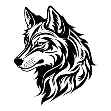 This striking black and white illustration of a wolf head showcases intricate fur patterns and a powerful expression, ideal for various artistic and creative projects.
