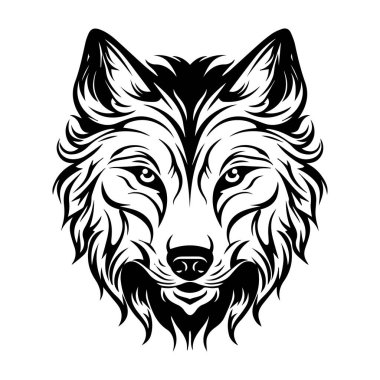 This captivating black and white illustration features a majestic wolf head with exquisite detail, perfect for artistic projects, designs, and creative endeavors.