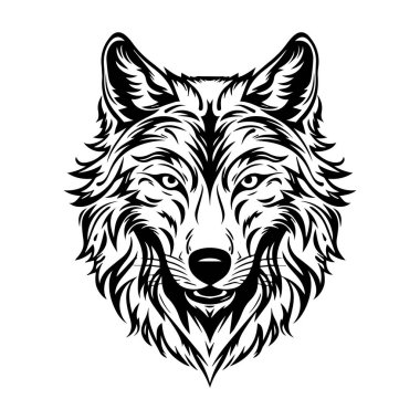 This striking monochrome illustration of a wolf head showcases intricate fur detail and a fierce expression, ideal for various creative applications.