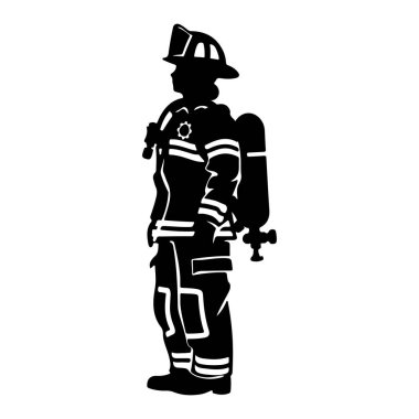 This image features a detailed silhouette of a firefighter in uniform, showcasing the essential gear and readiness for emergency situations.